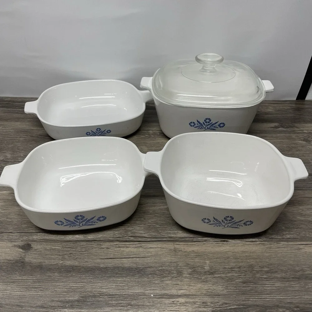 Vintage Corning Ware Blue Cornflower 4pc Set P-9-B P-2½-B w/Lid P-1-B P-1½-B